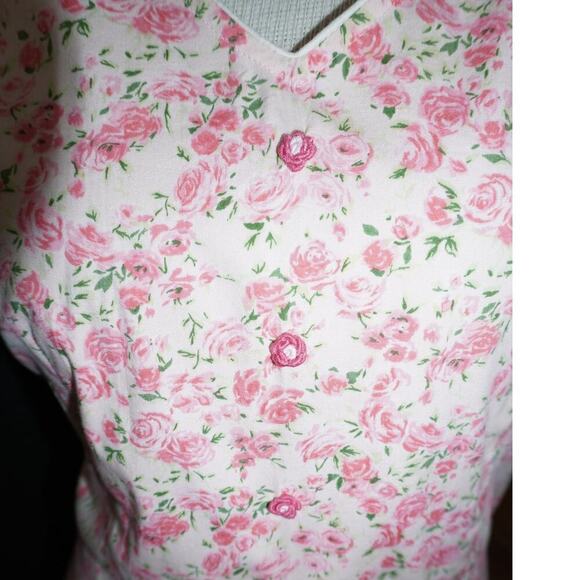 Vintage Pink Rose Floral Sleeveless Midi Dress – V-Neck, Button Front – Medium - Picture 9 of 9
